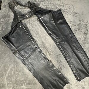 Leather King Genuine Leather Biker Chaps Size LARGE Black Leather, Zippers/Snaps
